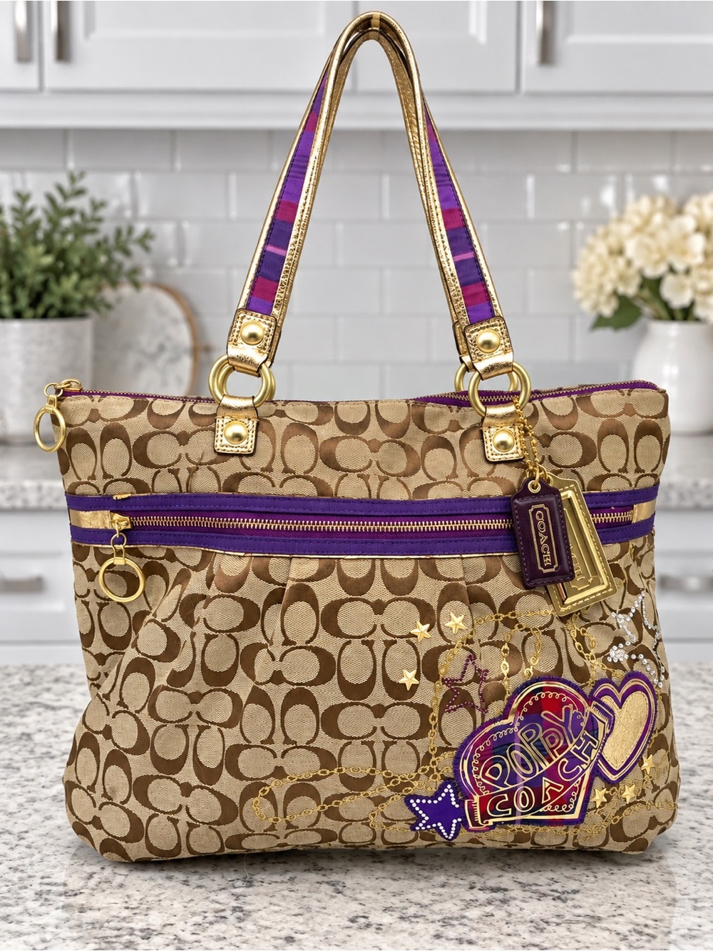 Coach Poppy Tartan Plaid Appliqué Large Glam Bag